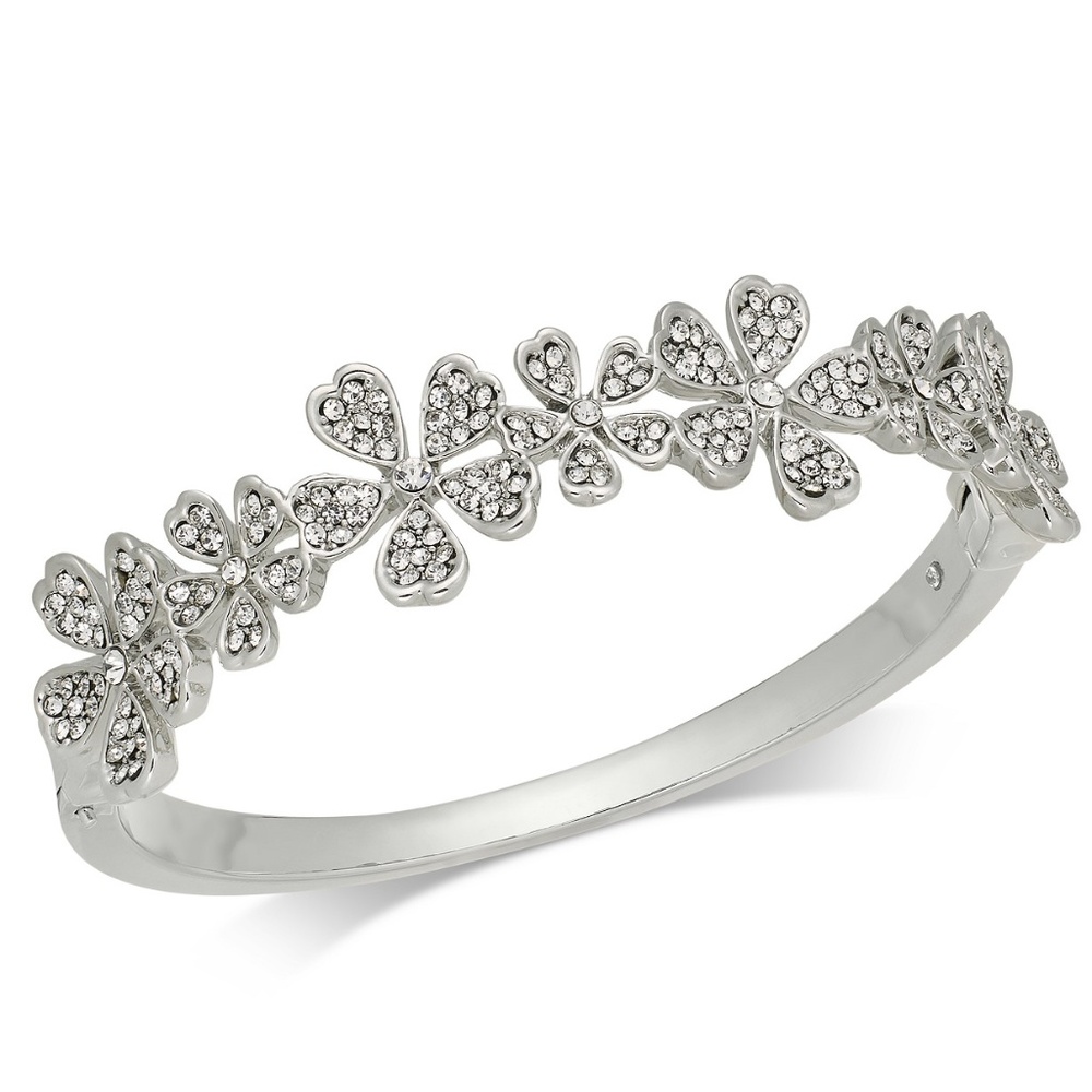 Silver-Tone Crystal Flower Bangle Bracelet
